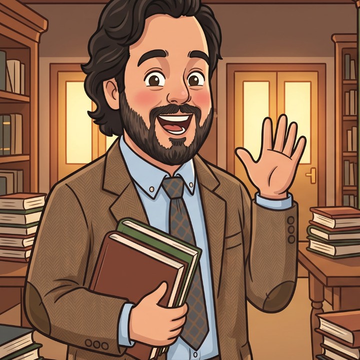 Cartoon of Professor Aldana waving while holding books in a library